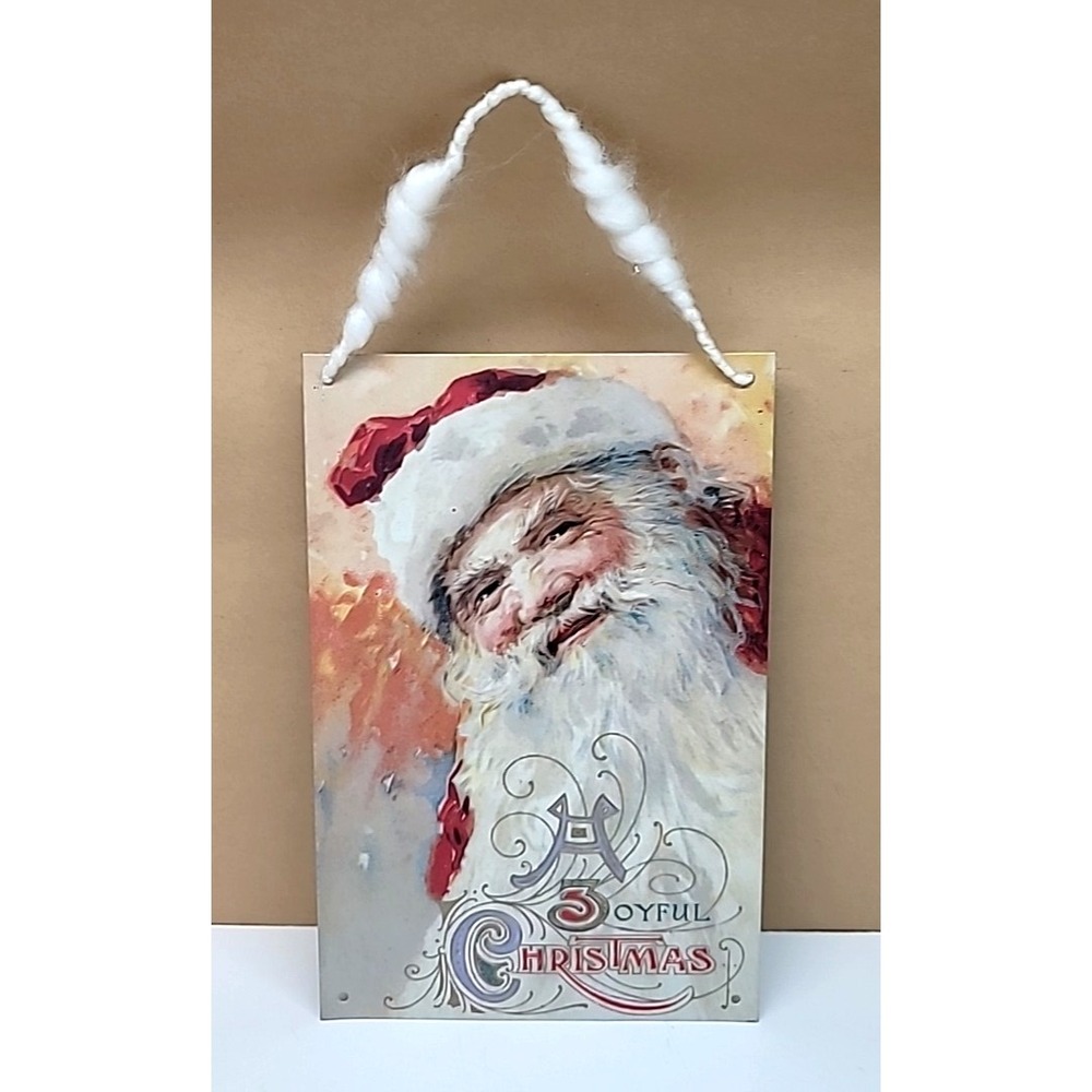 Victorian Reproduction 6" x 9" Tin Santa Sign "A Joyful Christmas" Wall Hanging